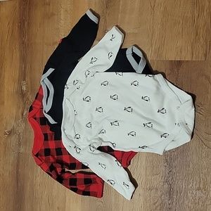 3-6 month long sleeved penguin and plaid bodysuit bundle